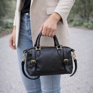 ORA DELPHINE Black Pebbled Leather Tote Satchel Gold Hardware